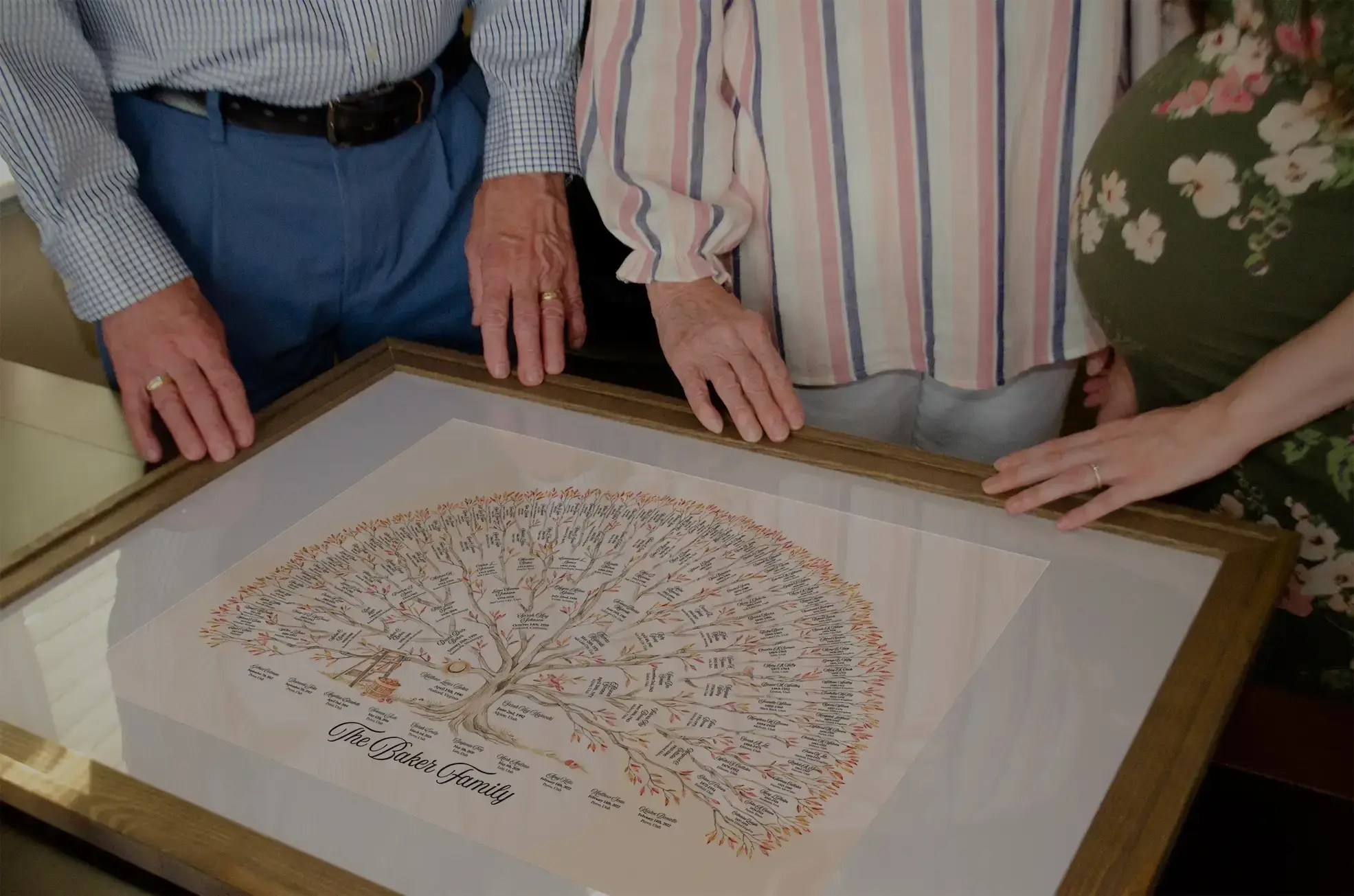 A family tree print shown in four seasonal art styles — spring, summer, autumn, winter